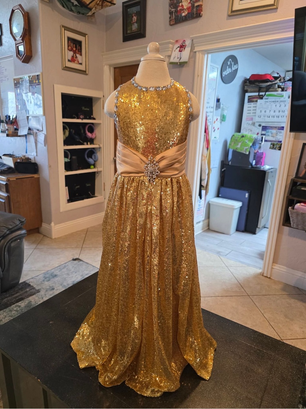 Girls Gold Sequin Formal Gown with Embellished Sash